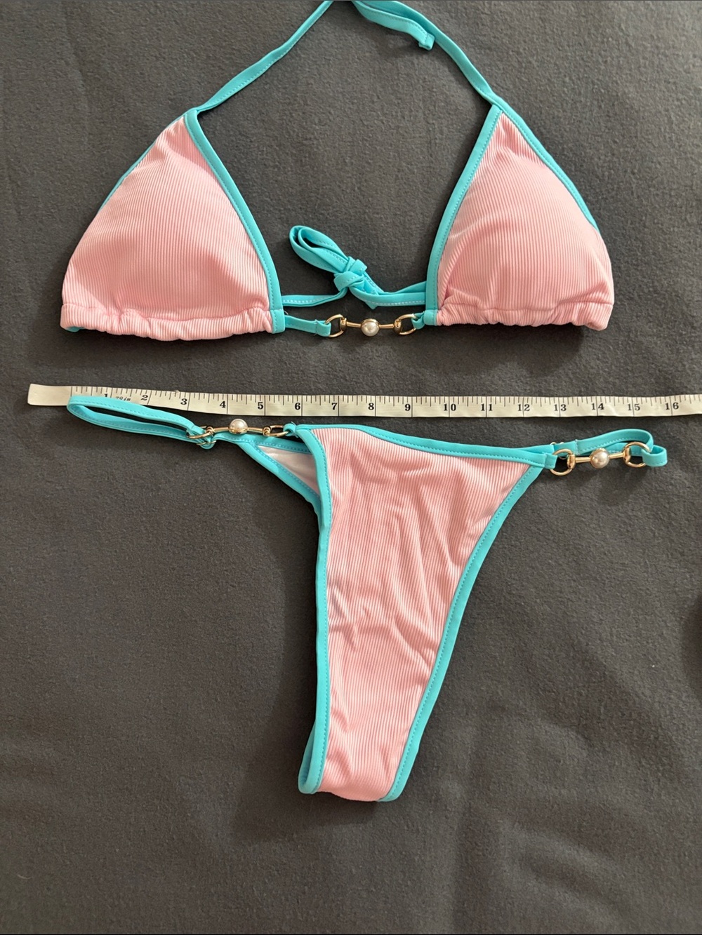 Tashehe Pink Aqua Ribbed Bikini Set Pearl Detail Women’s Large NWOT - Picture 4 of 7